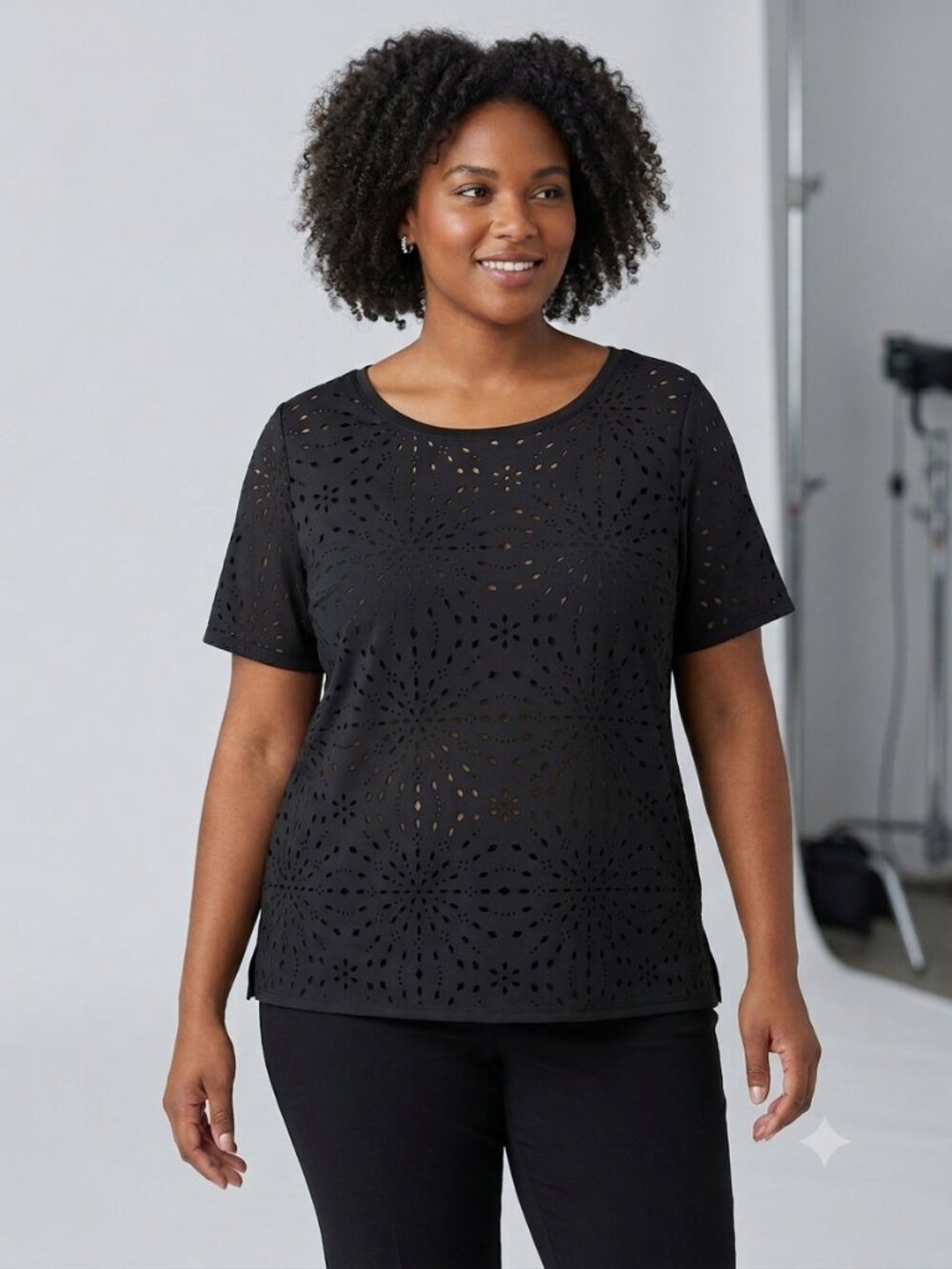 Worthington Black Laser Cut Out Short Sleeve Blouse Women's Size XL